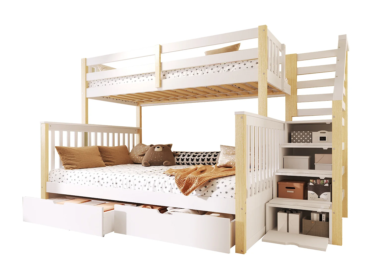 Litera infantil - 90 x 200 cm + 140 x 200 cm - con 2 cajones + escalera de almacenamiento - madera - blanca