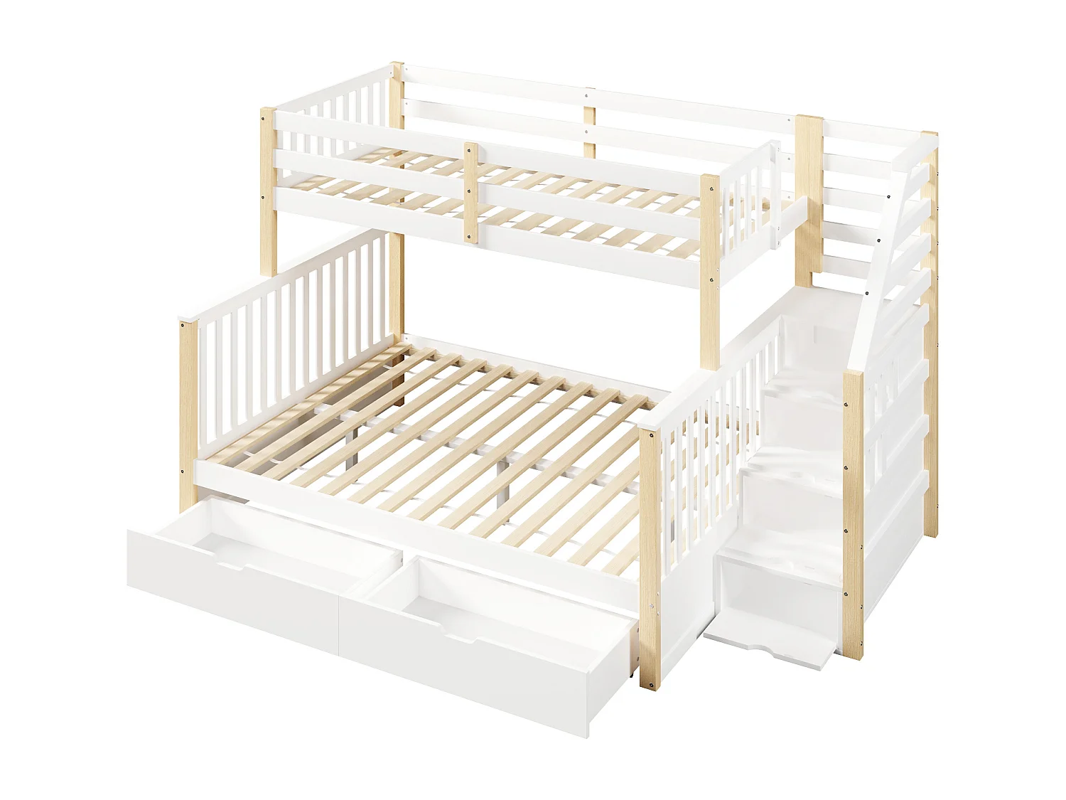 Litera infantil - 90 x 200 cm + 140 x 200 cm - con 2 cajones + escalera de almacenamiento - madera - blanca