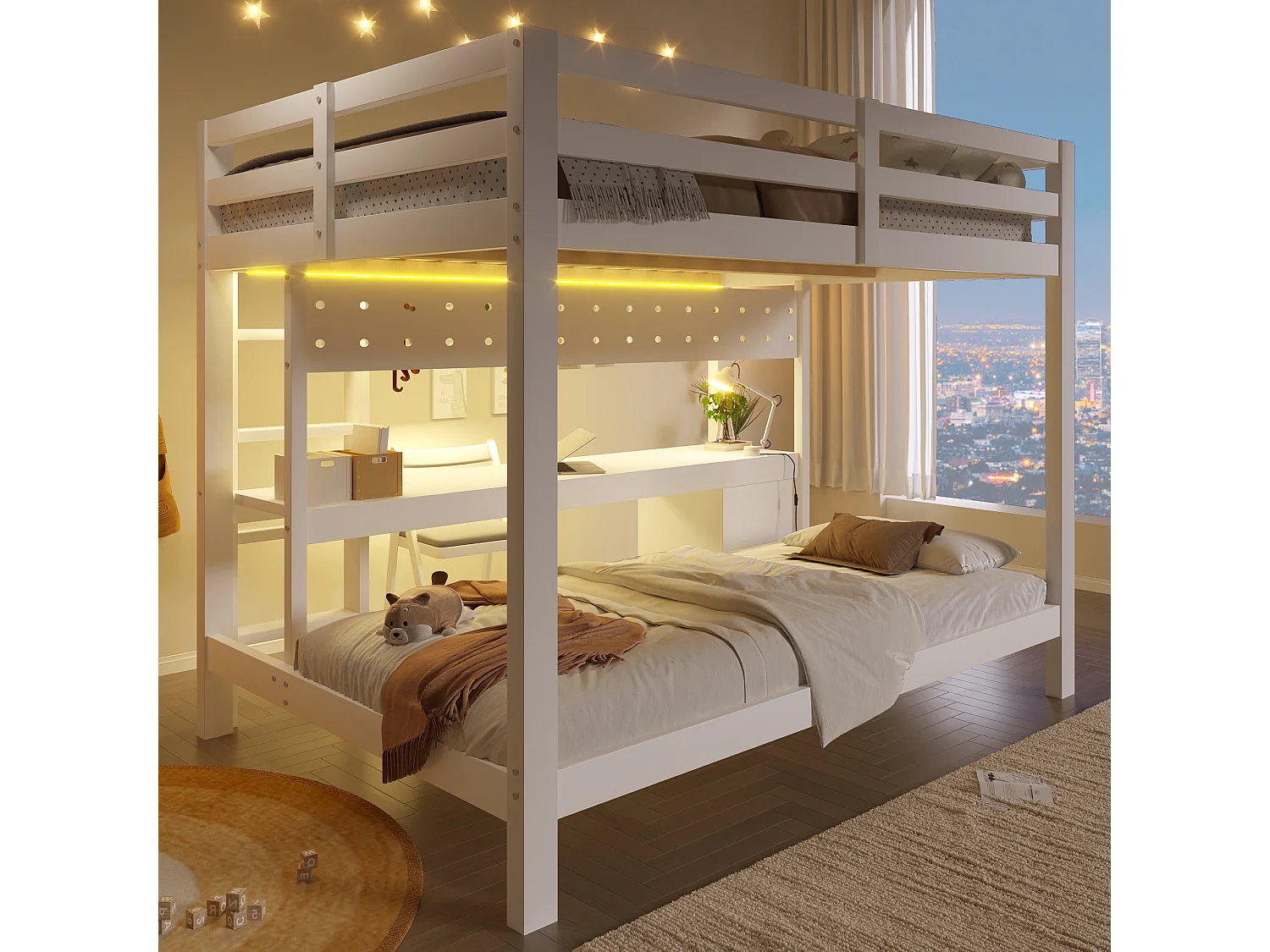 Lit superposé enfamt - 90 x 200 cm + 140 x 200 cm - avec Leds + bureau + tiroirs - bois - blanc