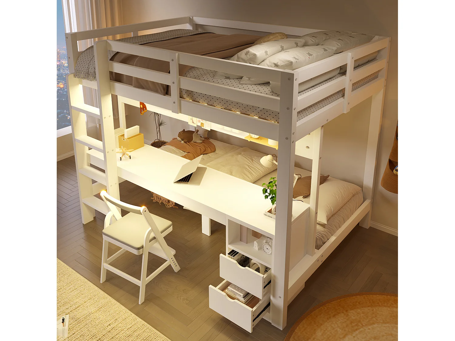 Lit superposé enfamt - 90 x 200 cm + 140 x 200 cm - avec Leds + bureau + tiroirs - bois - blanc