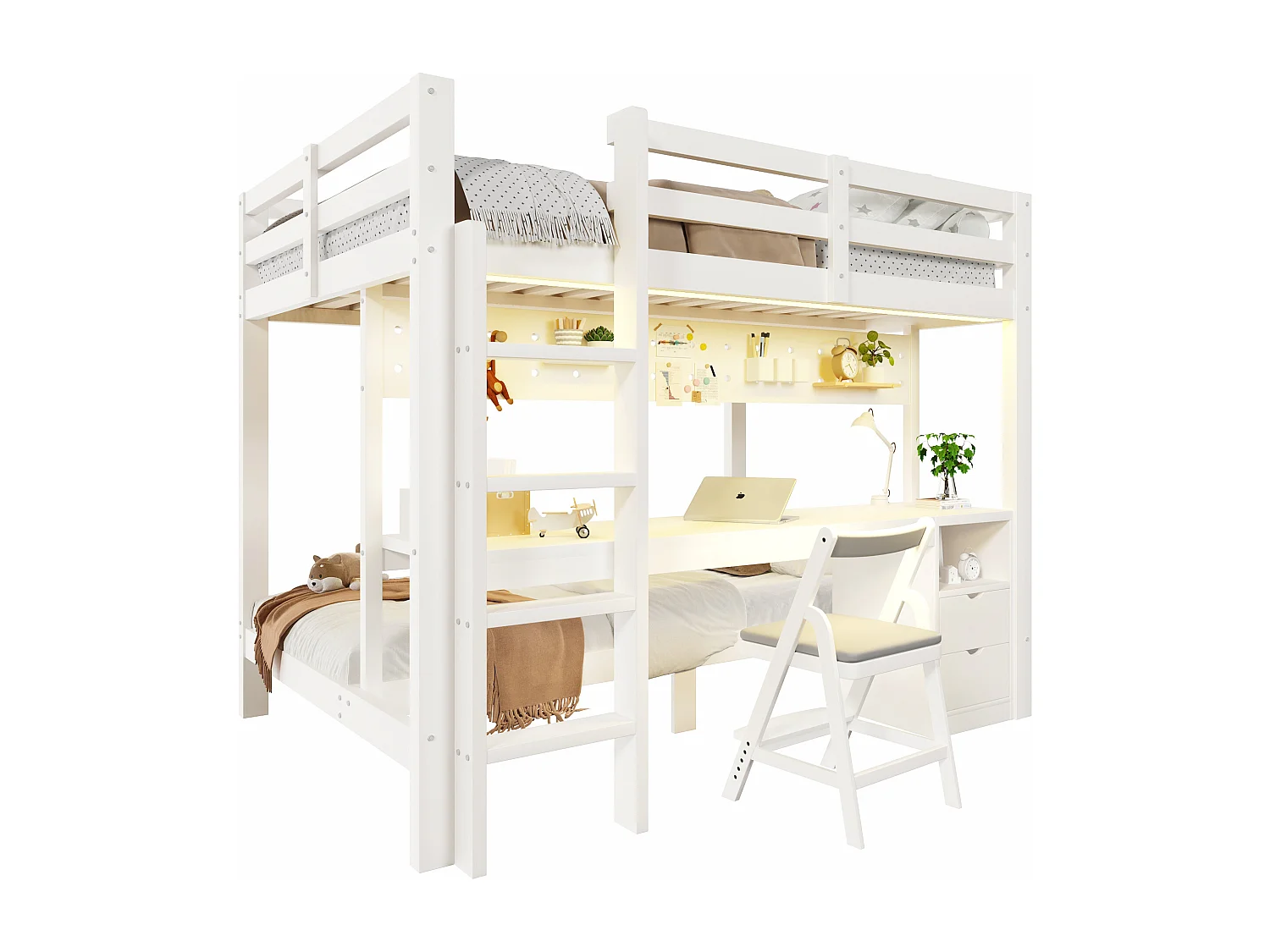 Lit superposé enfamt - 90 x 200 cm + 140 x 200 cm - avec Leds + bureau + tiroirs - bois - blanc