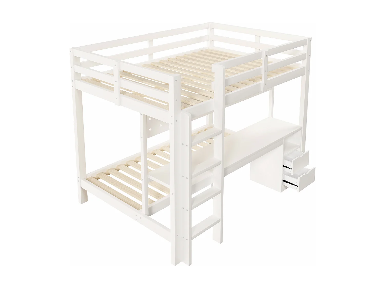 Lit superposé enfamt - 90 x 200 cm + 140 x 200 cm - avec Leds + bureau + tiroirs - bois - blanc