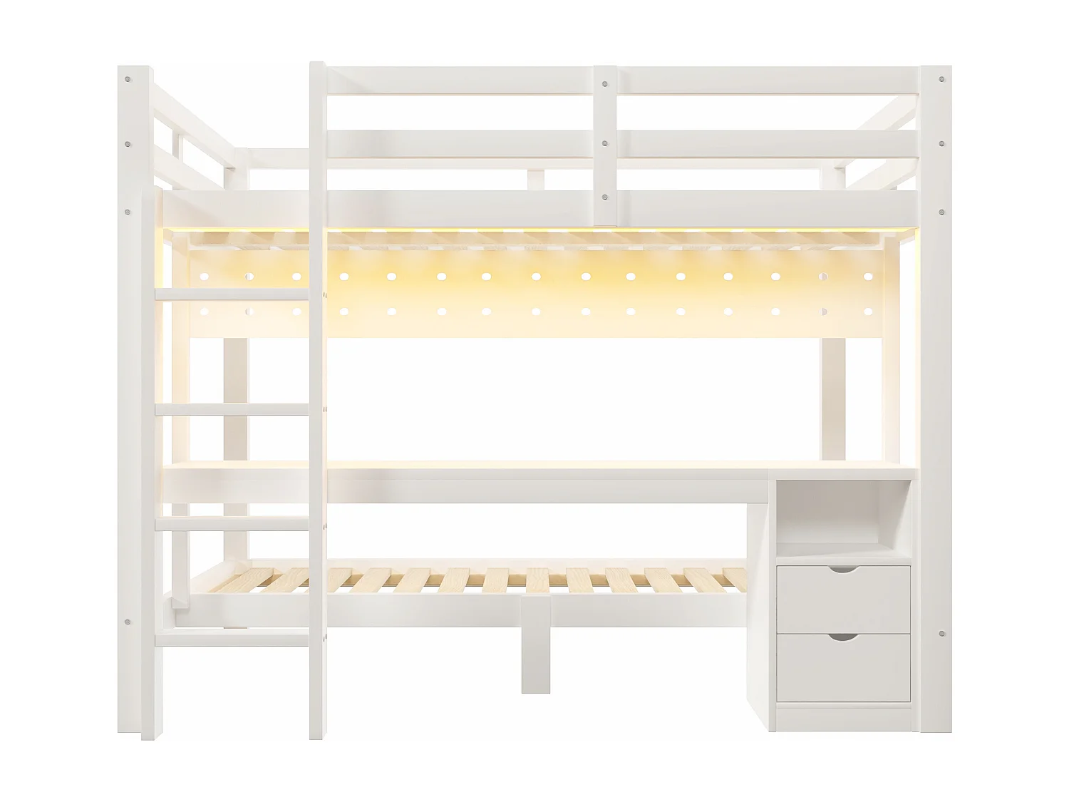 Lit superposé enfamt - 90 x 200 cm + 140 x 200 cm - avec Leds + bureau + tiroirs - bois - blanc