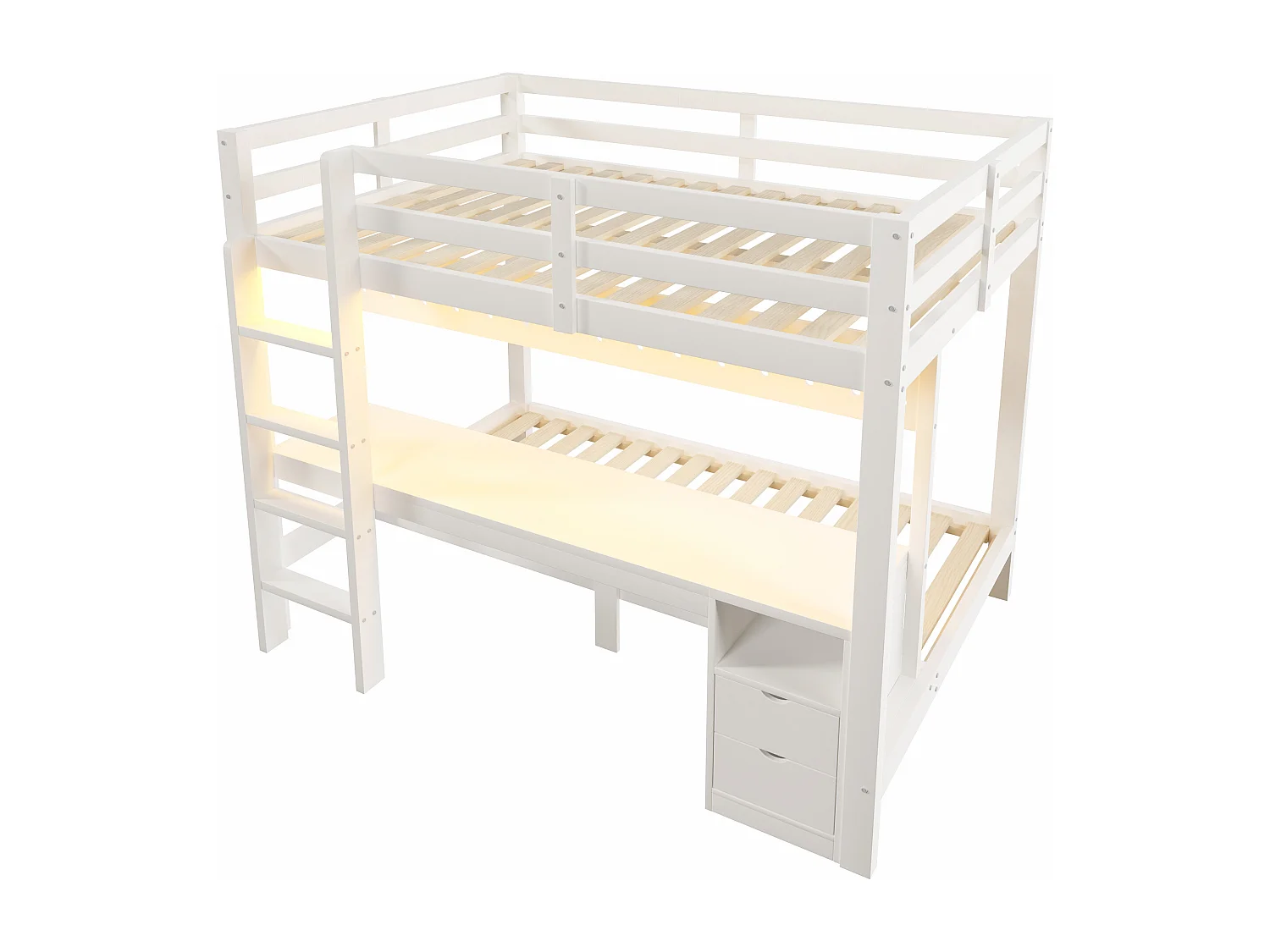 Lit superposé enfamt - 90 x 200 cm + 140 x 200 cm - avec Leds + bureau + tiroirs - bois - blanc