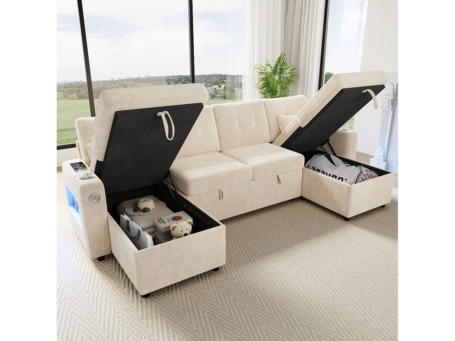 U-vormige slaapbank voor 4 personen - 266 x 131 x 85 cm - met opbergruimte + LED-verlichting + USB - fluweel - beige