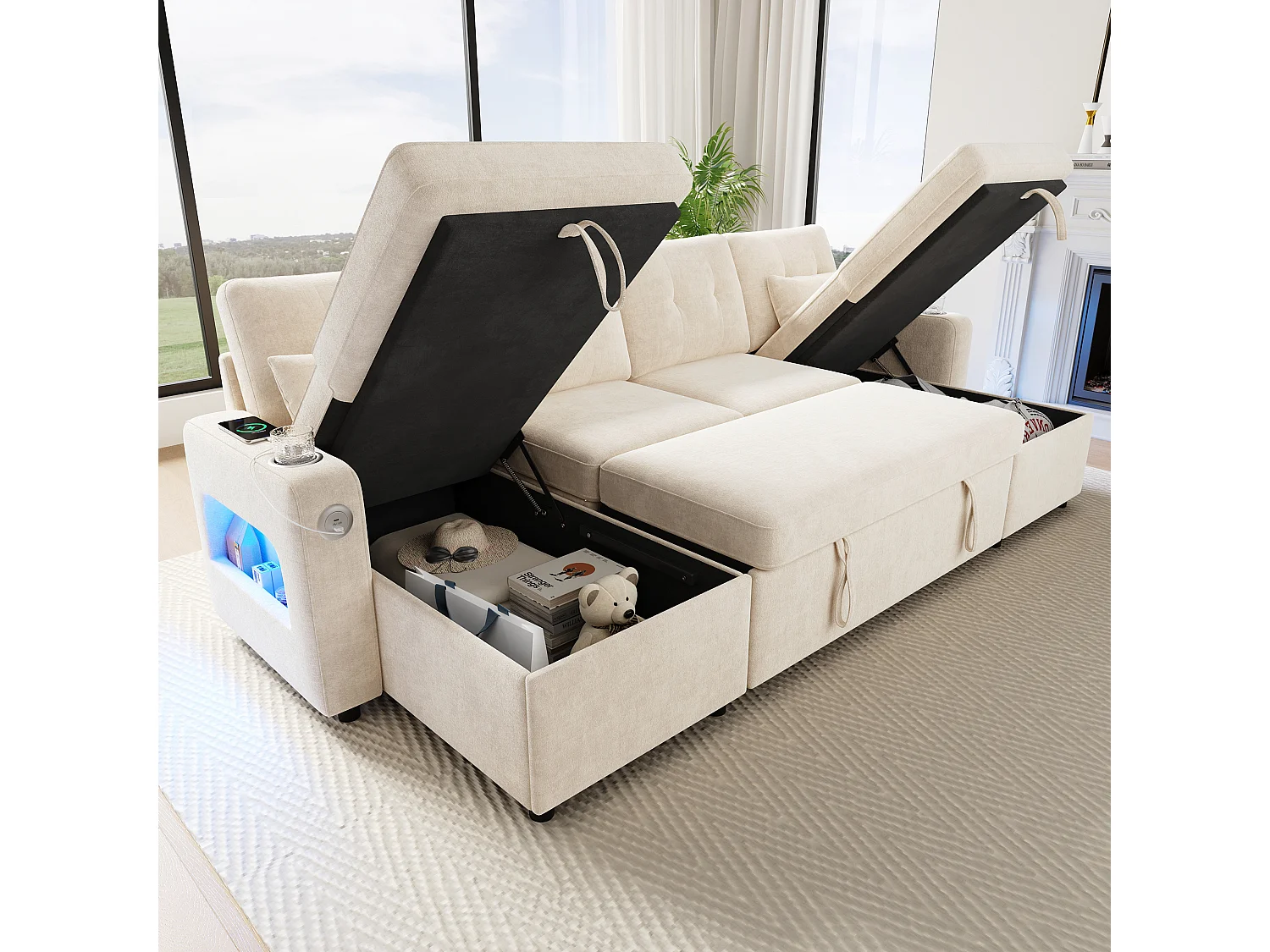 U-vormige slaapbank voor 4 personen - 266 x 131 x 85 cm - met opbergruimte + LED-verlichting + USB - fluweel - beige