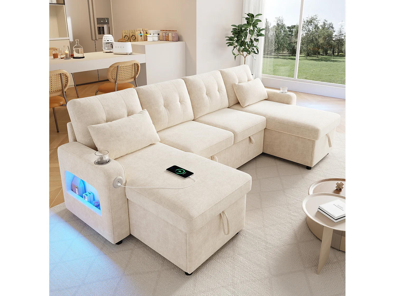 U-vormige slaapbank voor 4 personen - 266 x 131 x 85 cm - met opbergruimte + LED-verlichting + USB - fluweel - beige
