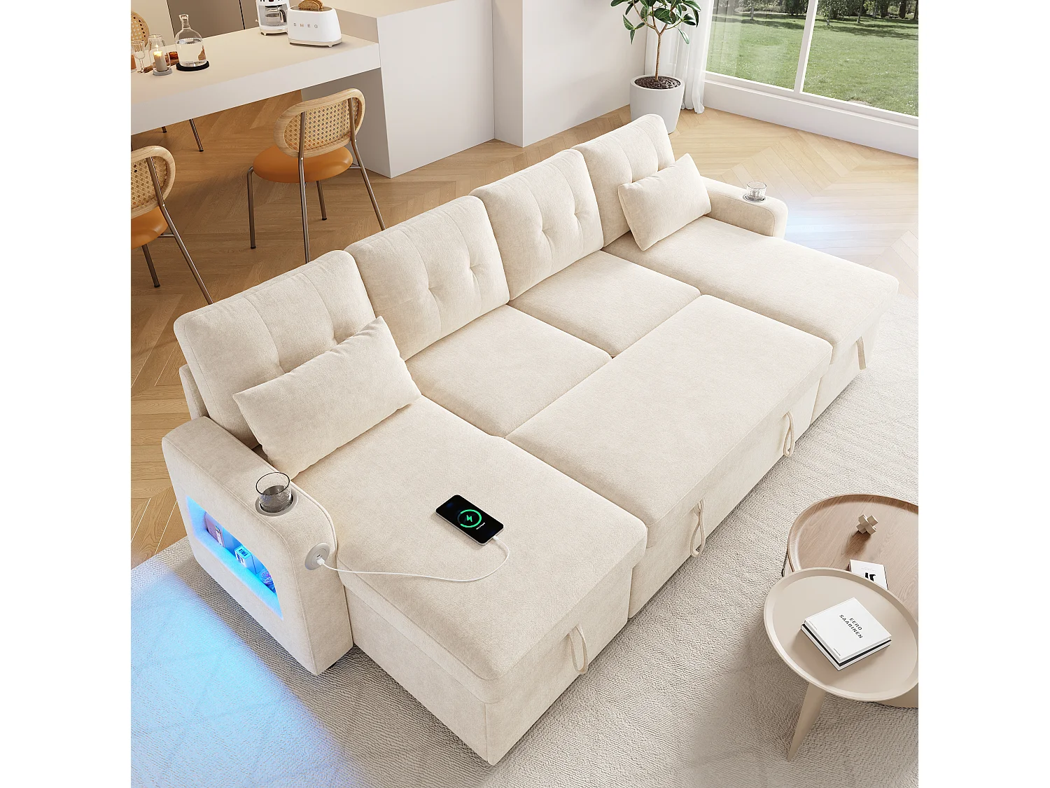 U-vormige slaapbank voor 4 personen - 266 x 131 x 85 cm - met opbergruimte + LED-verlichting + USB - fluweel - beige