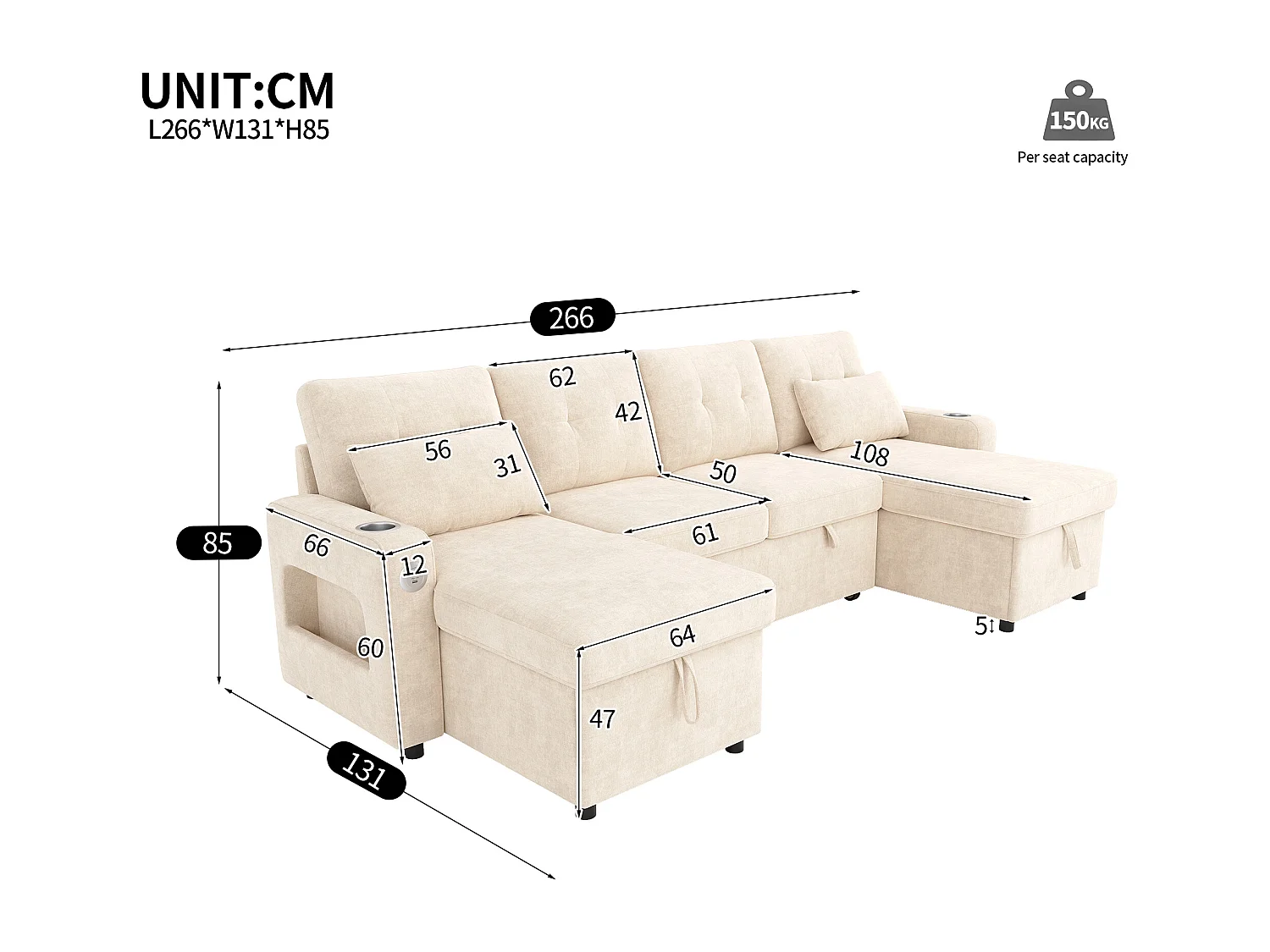 U-vormige slaapbank voor 4 personen - 266 x 131 x 85 cm - met opbergruimte + LED-verlichting + USB - fluweel - beige