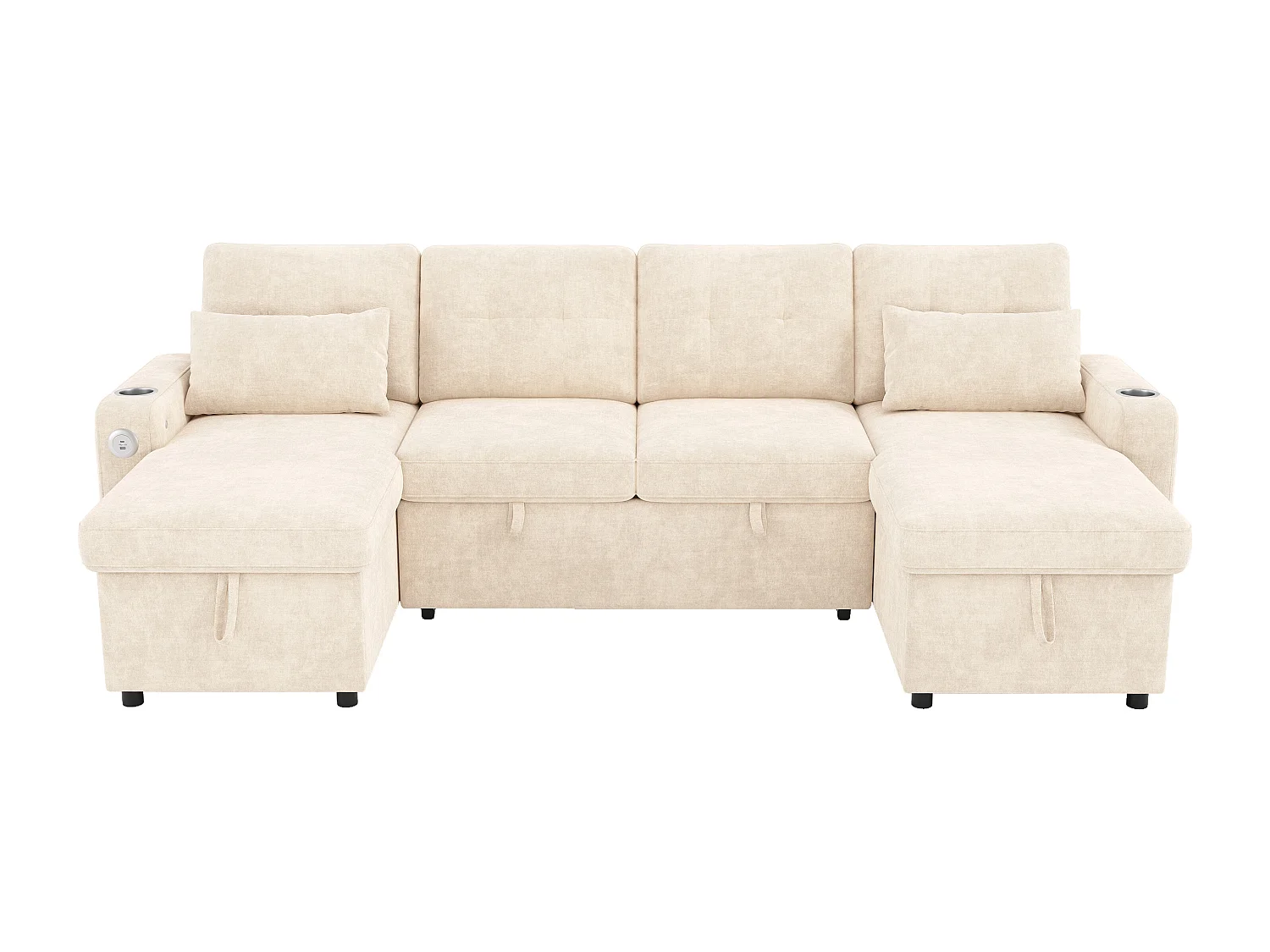 U-vormige slaapbank voor 4 personen - 266 x 131 x 85 cm - met opbergruimte + LED-verlichting + USB - fluweel - beige