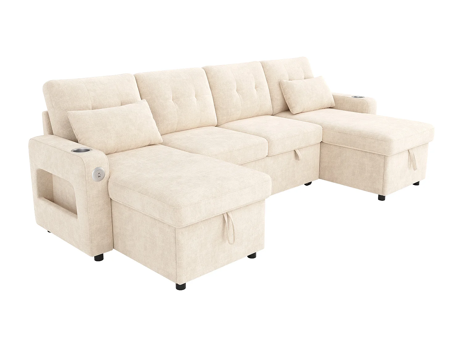 U-vormige slaapbank voor 4 personen - 266 x 131 x 85 cm - met opbergruimte + LED-verlichting + USB - fluweel - beige