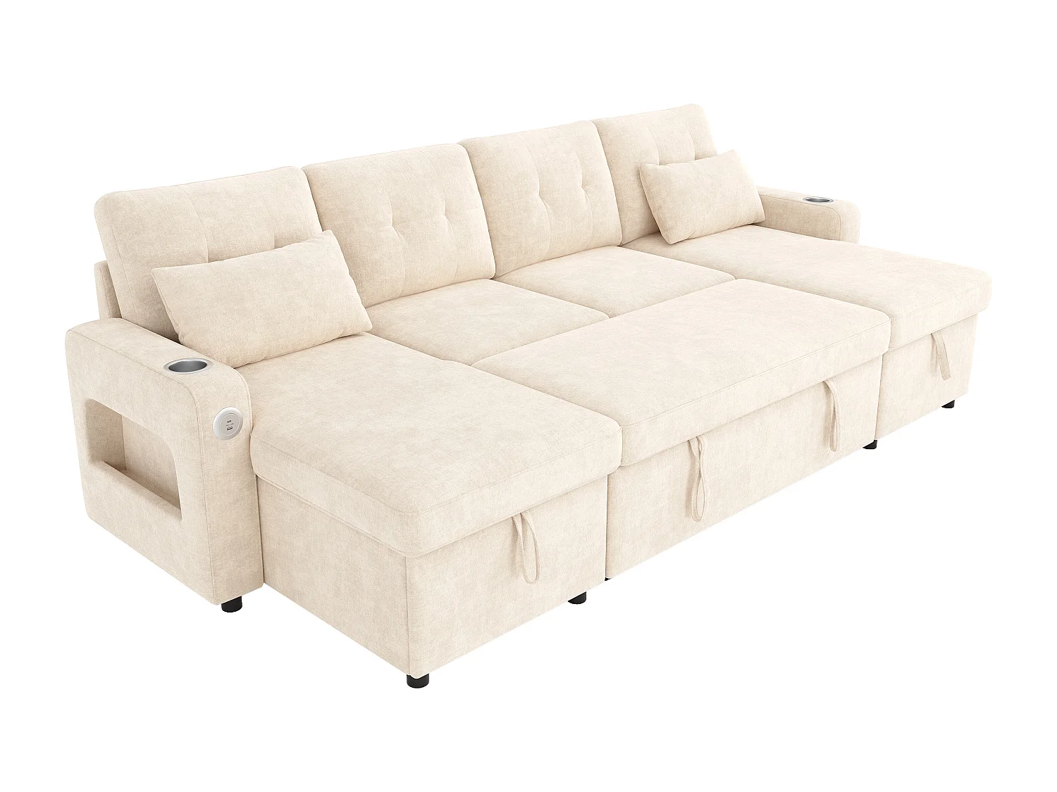 U-vormige slaapbank voor 4 personen - 266 x 131 x 85 cm - met opbergruimte + LED-verlichting + USB - fluweel - beige
