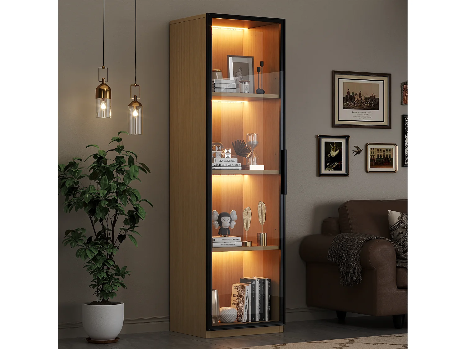 Moderne Vitrine – 40 x 40 x 165 cm – mit Glastüren und LEDs – MDF – natur