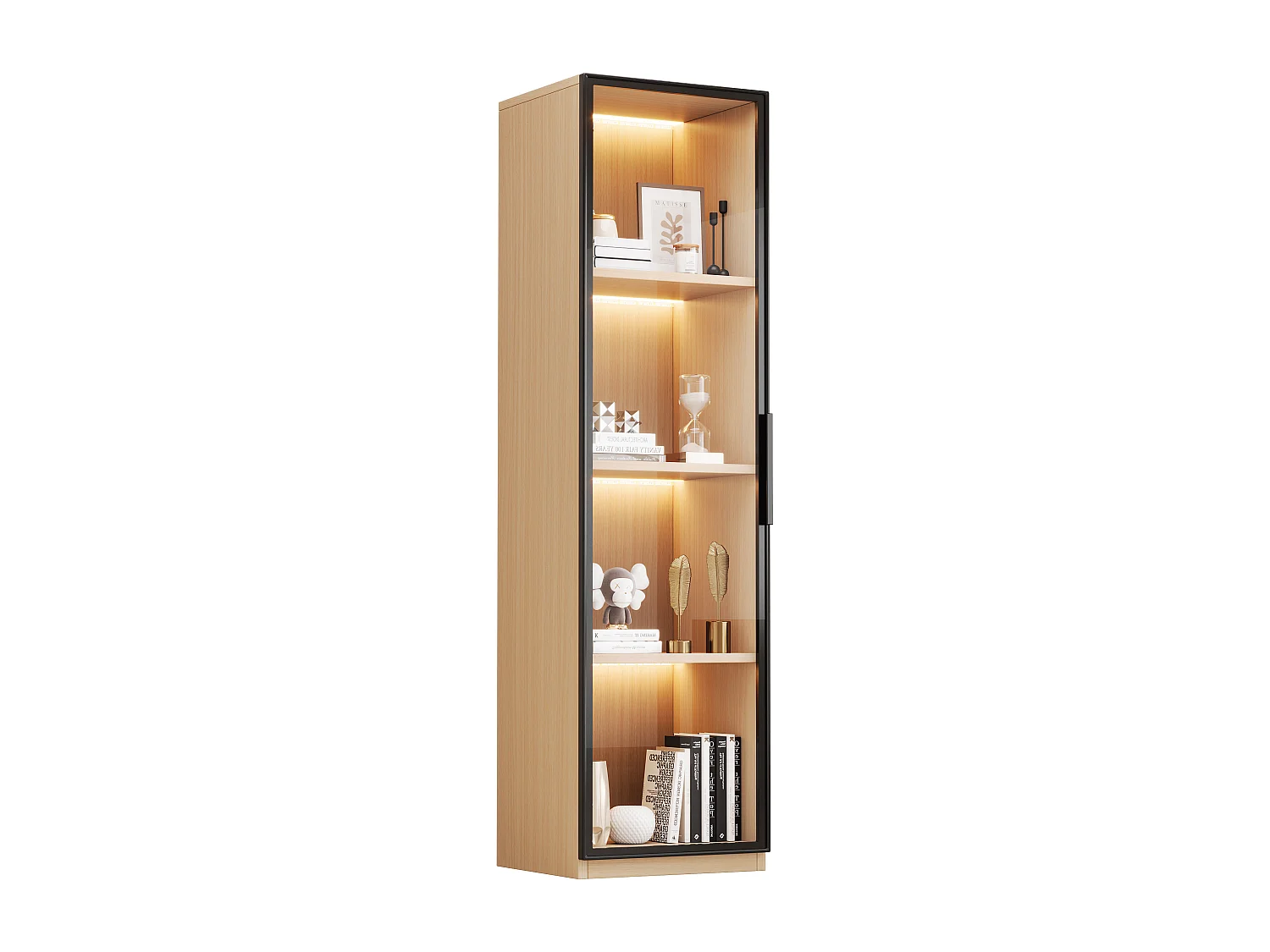 Moderne Vitrine – 40 x 40 x 165 cm – mit Glastüren und LEDs – MDF – natur