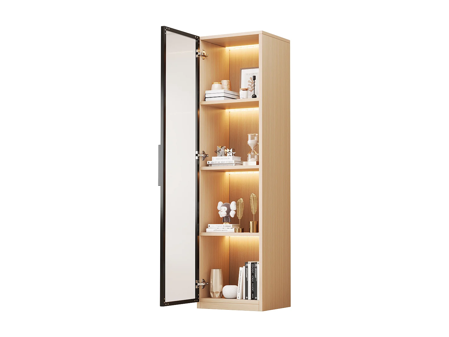 Moderne Vitrine – 40 x 40 x 165 cm – mit Glastüren und LEDs – MDF – natur