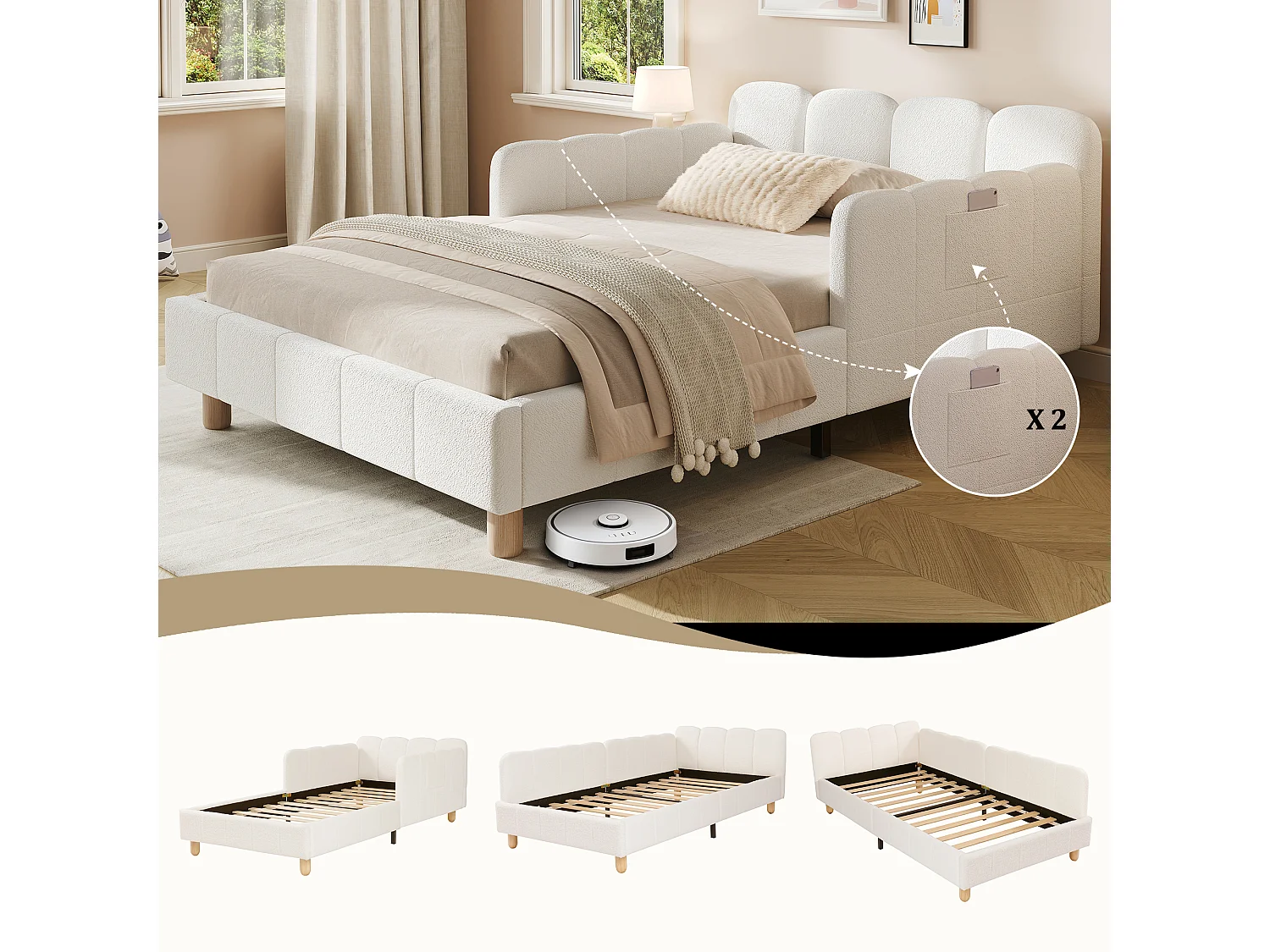 Lit capitonné pour enfant - 90 x 200 cm - avec tête de lit + barrière de sécurité - pieds en bois massif - bouclé - beige