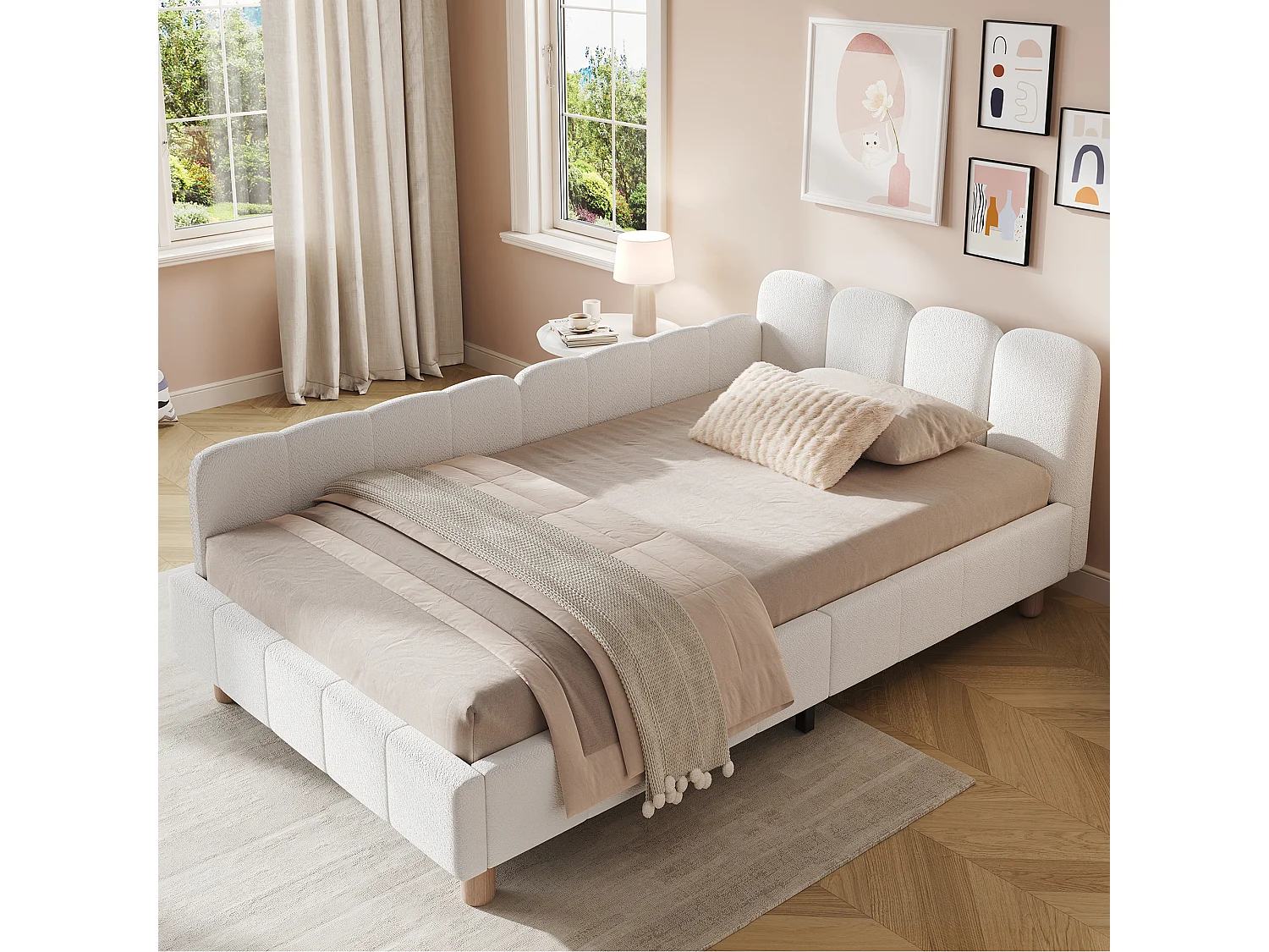 Lit capitonné pour enfant - 90 x 200 cm - avec tête de lit + barrière de sécurité - pieds en bois massif - bouclé - beige