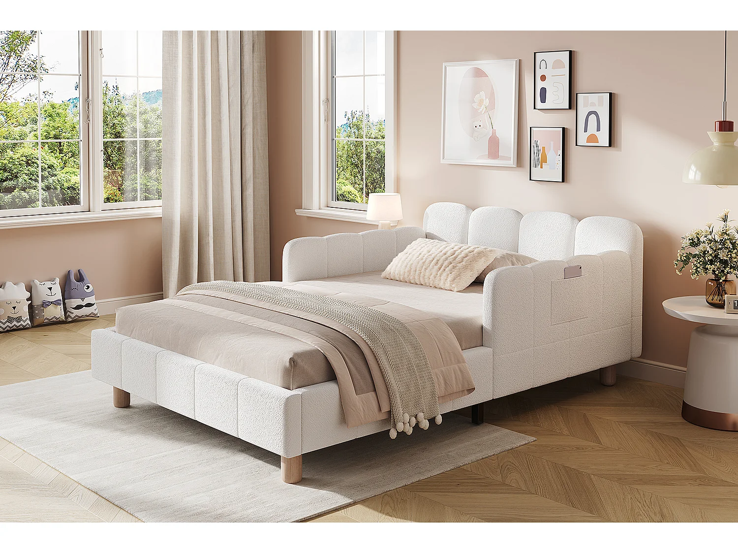 Lit capitonné pour enfant - 90 x 200 cm - avec tête de lit + barrière de sécurité - pieds en bois massif - bouclé - beige