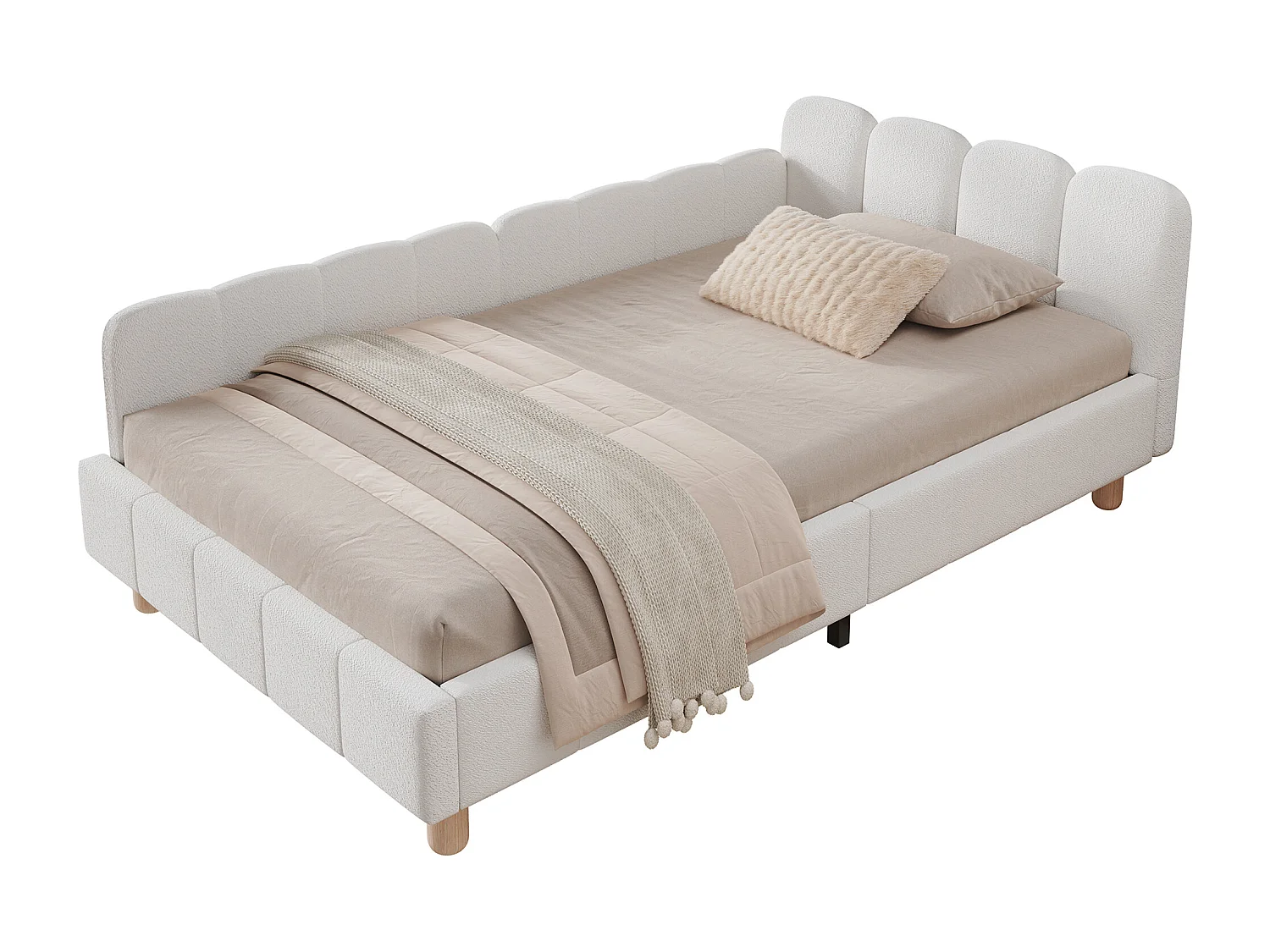 Lit capitonné pour enfant - 90 x 200 cm - avec tête de lit + barrière de sécurité - pieds en bois massif - bouclé - beige
