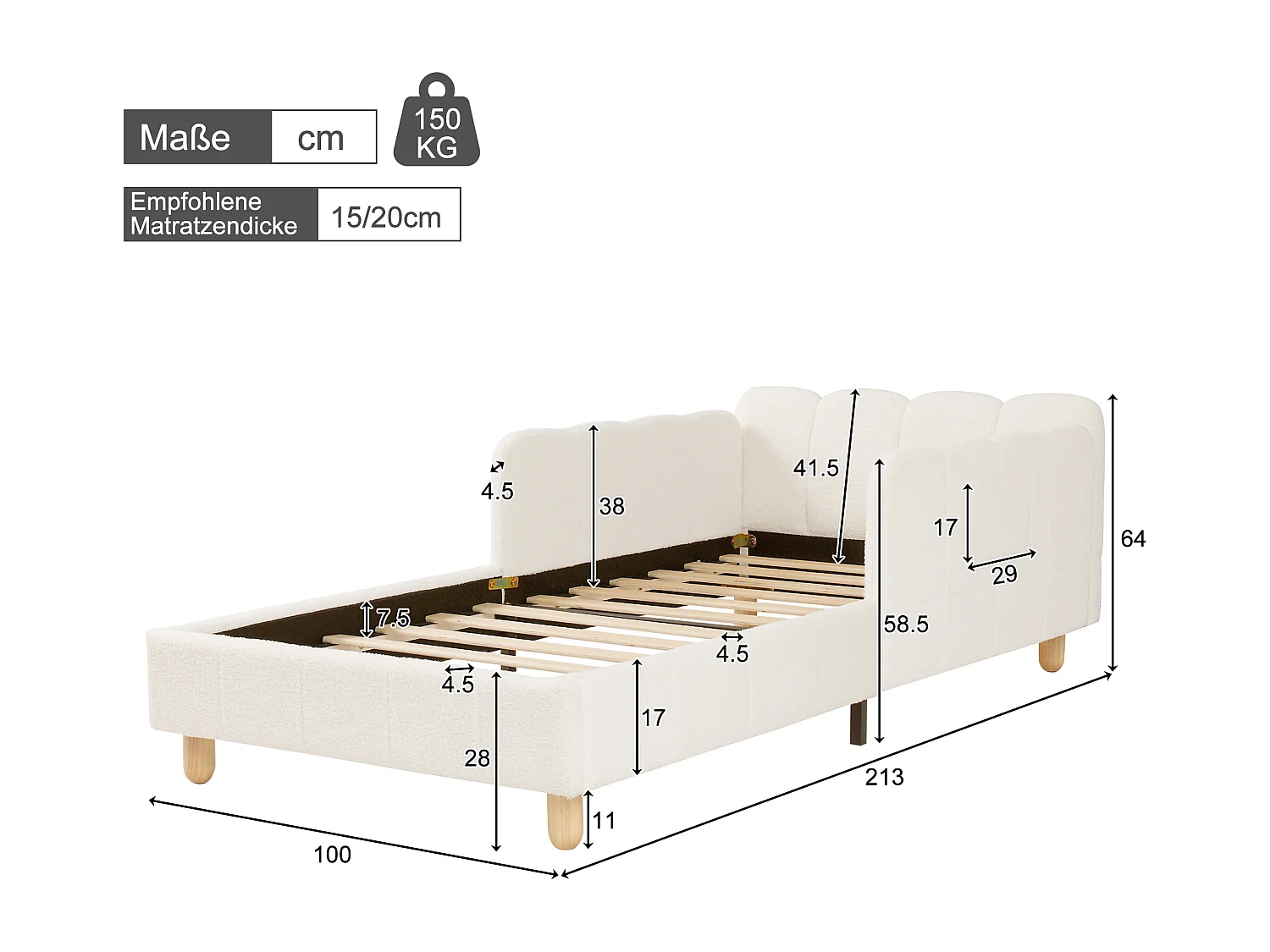 Lit capitonné pour enfant - 90 x 200 cm - avec tête de lit + barrière de sécurité - pieds en bois massif - bouclé - beige