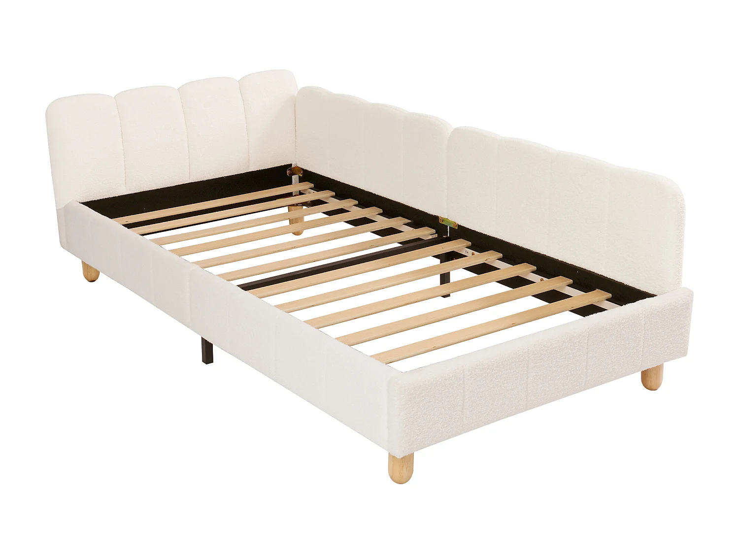 Lit capitonné pour enfant - 90 x 200 cm - avec tête de lit + barrière de sécurité - pieds en bois massif - bouclé - beige