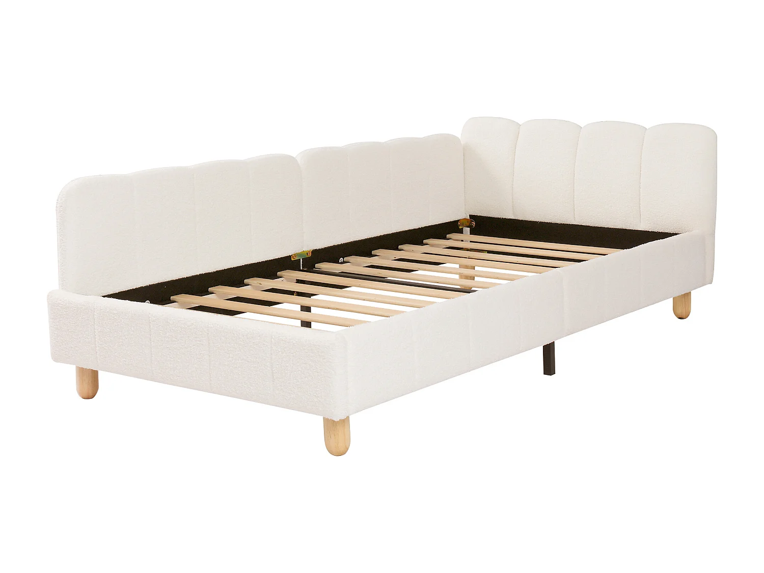 Lit capitonné pour enfant - 90 x 200 cm - avec tête de lit + barrière de sécurité - pieds en bois massif - bouclé - beige
