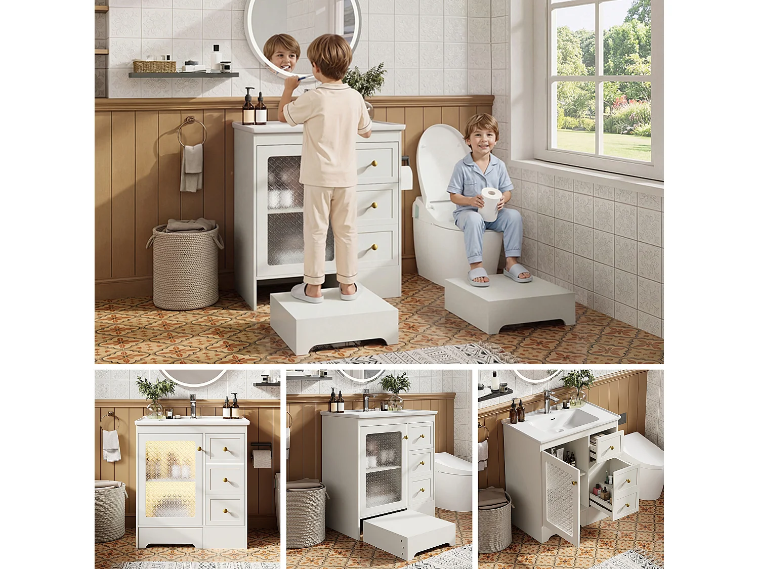 Einzelwaschtisch aus glatter Keramik – 80 x 50 x 87 cm – mit integrierter Fußstütze, LED-Beleuchtung, Schubladen und Tür – MDF – weiß