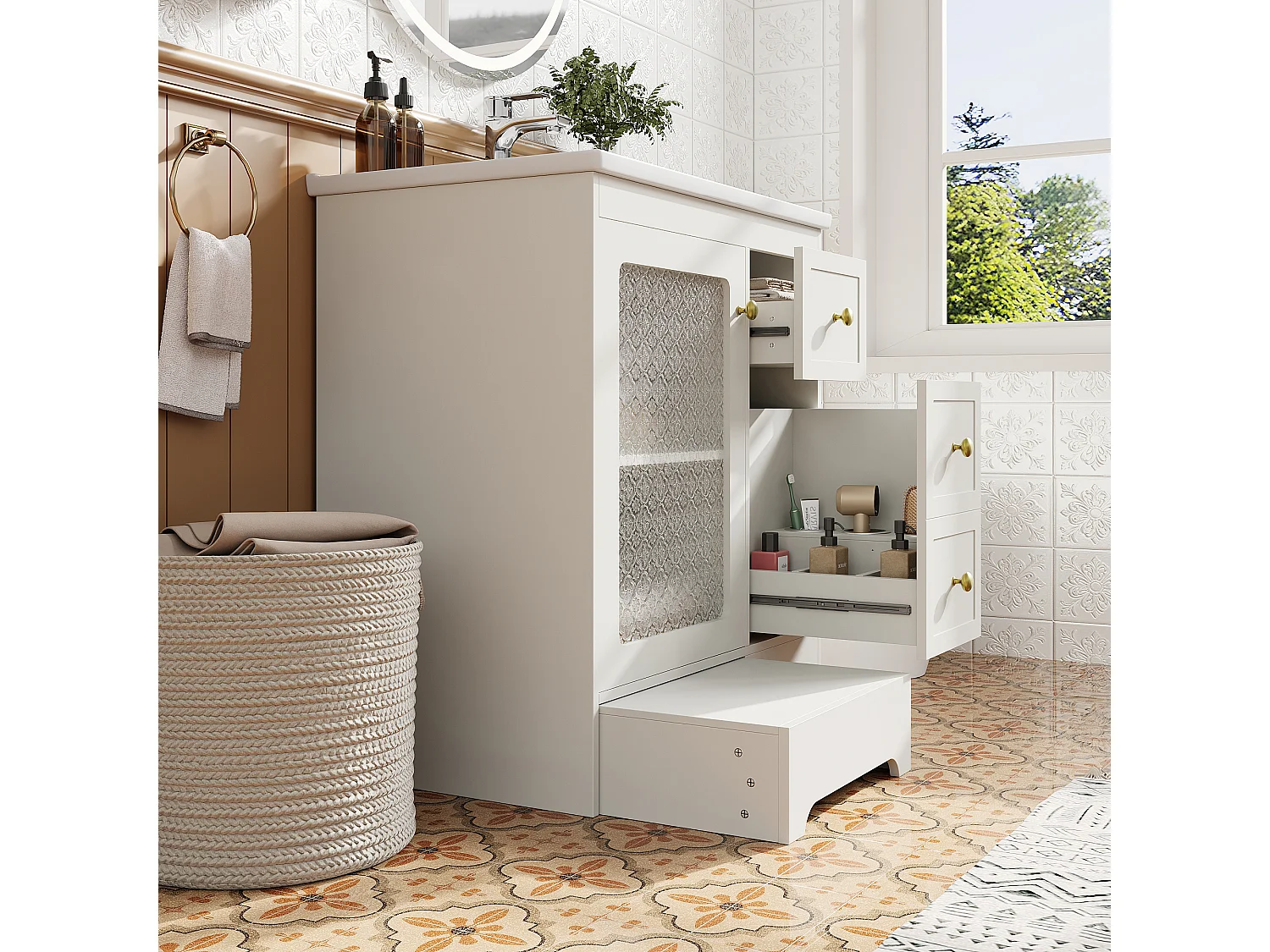 Einzelwaschtisch aus glatter Keramik – 80 x 50 x 87 cm – mit integrierter Fußstütze, LED-Beleuchtung, Schubladen und Tür – MDF – weiß