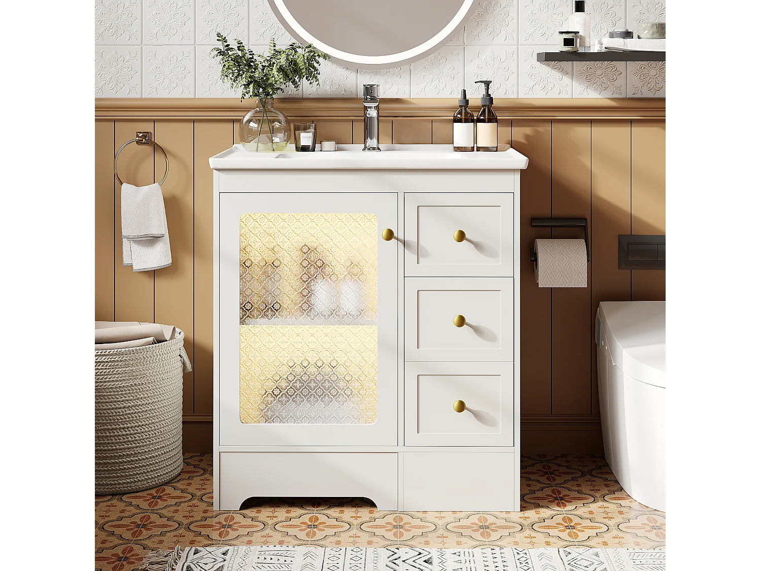 Einzelwaschtisch aus glatter Keramik – 80 x 50 x 87 cm – mit integrierter Fußstütze, LED-Beleuchtung, Schubladen und Tür – MDF – weiß