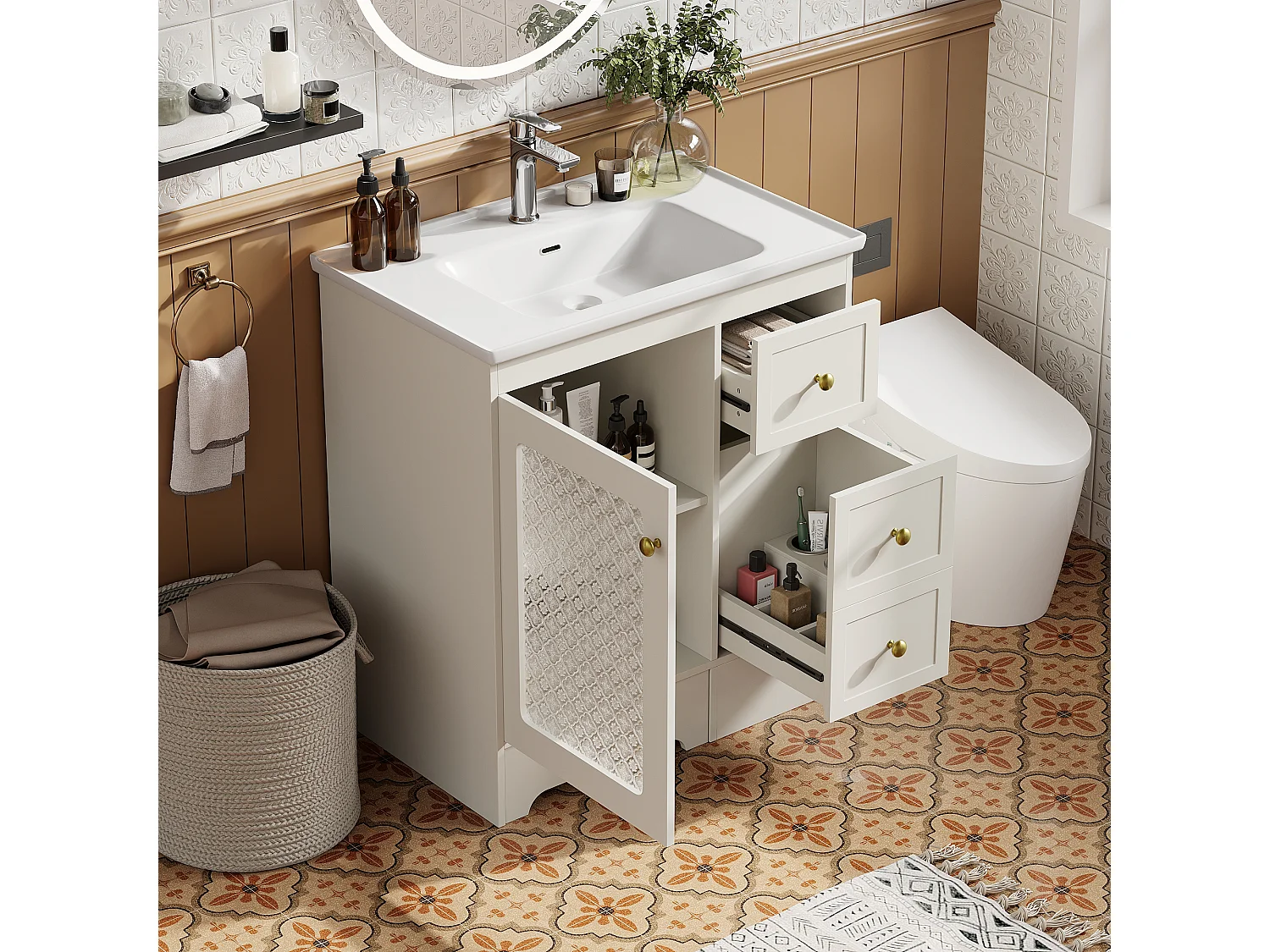 Einzelwaschtisch aus glatter Keramik – 80 x 50 x 87 cm – mit integrierter Fußstütze, LED-Beleuchtung, Schubladen und Tür – MDF – weiß