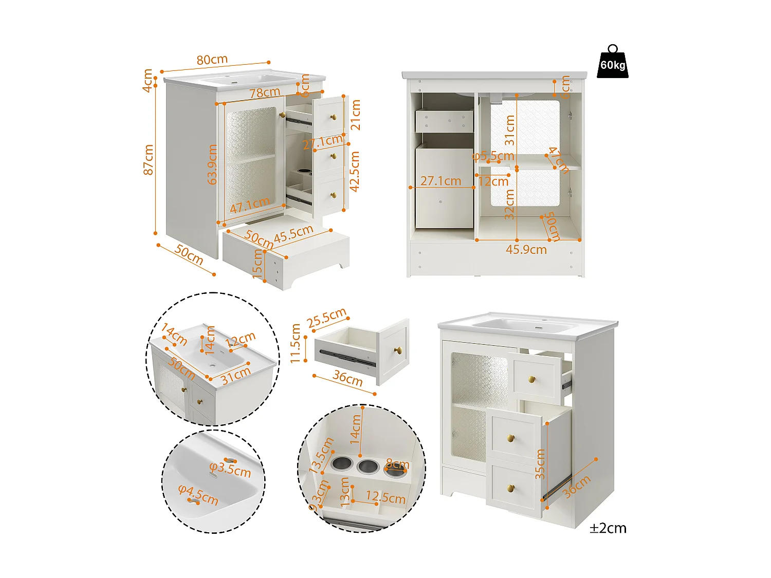 Einzelwaschtisch aus glatter Keramik – 80 x 50 x 87 cm – mit integrierter Fußstütze, LED-Beleuchtung, Schubladen und Tür – MDF – weiß