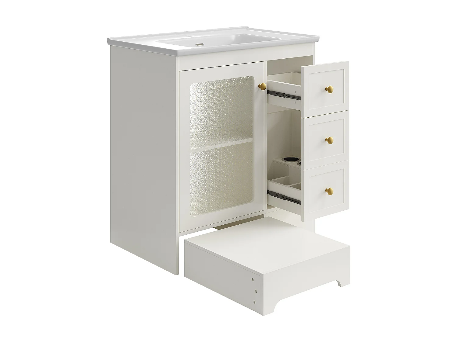 Einzelwaschtisch aus glatter Keramik – 80 x 50 x 87 cm – mit integrierter Fußstütze, LED-Beleuchtung, Schubladen und Tür – MDF – weiß