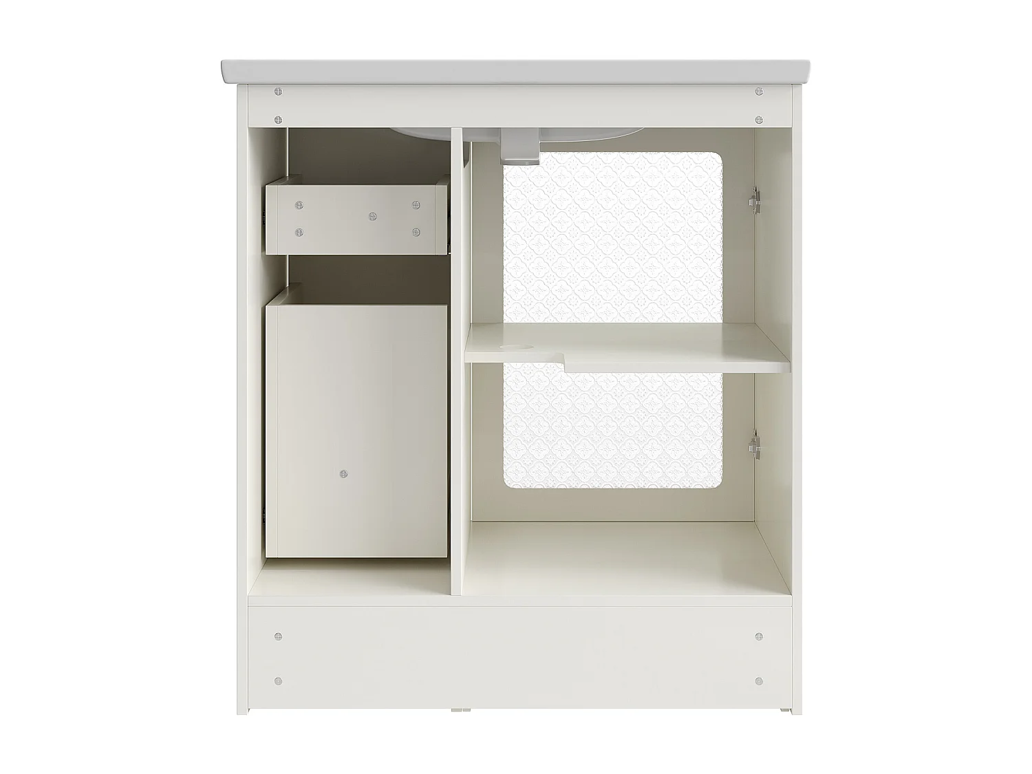 Einzelwaschtisch aus glatter Keramik – 80 x 50 x 87 cm – mit integrierter Fußstütze, LED-Beleuchtung, Schubladen und Tür – MDF – weiß