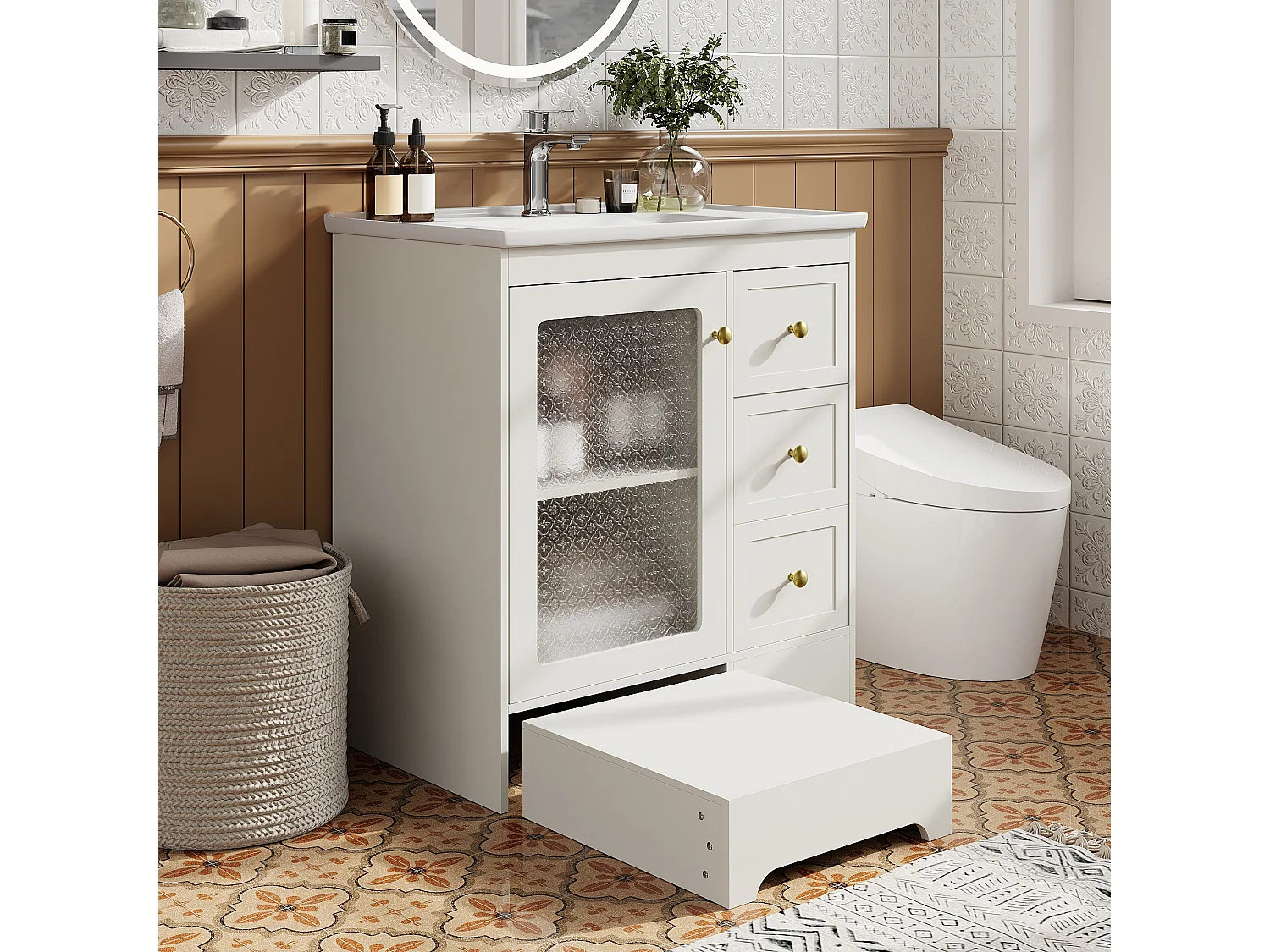 Einzelwaschtisch aus glatter Keramik – 80 x 50 x 87 cm – mit integrierter Fußstütze, LED-Beleuchtung, Schubladen und Tür – MDF – weiß