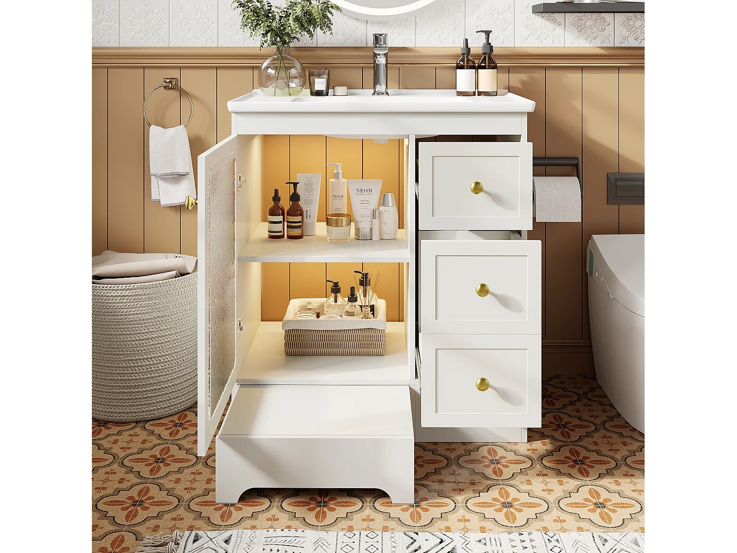 Einzelwaschtisch aus glatter Keramik – 80 x 50 x 87 cm – mit integrierter Fußstütze, LED-Beleuchtung, Schubladen und Tür – MDF – weiß