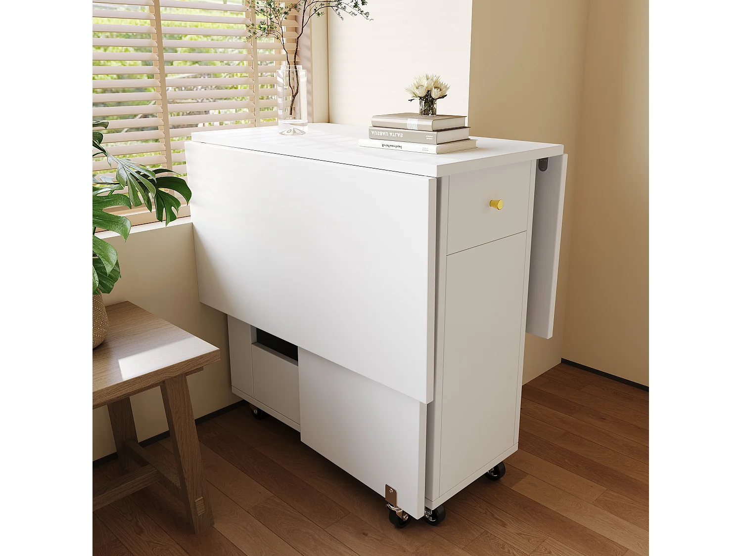 Table de salle à manger pliante à roulettes - 120 x 75 x 75 cm - pour 2 à 4 personnes - avec 2 tiroirs - MDF - blanc