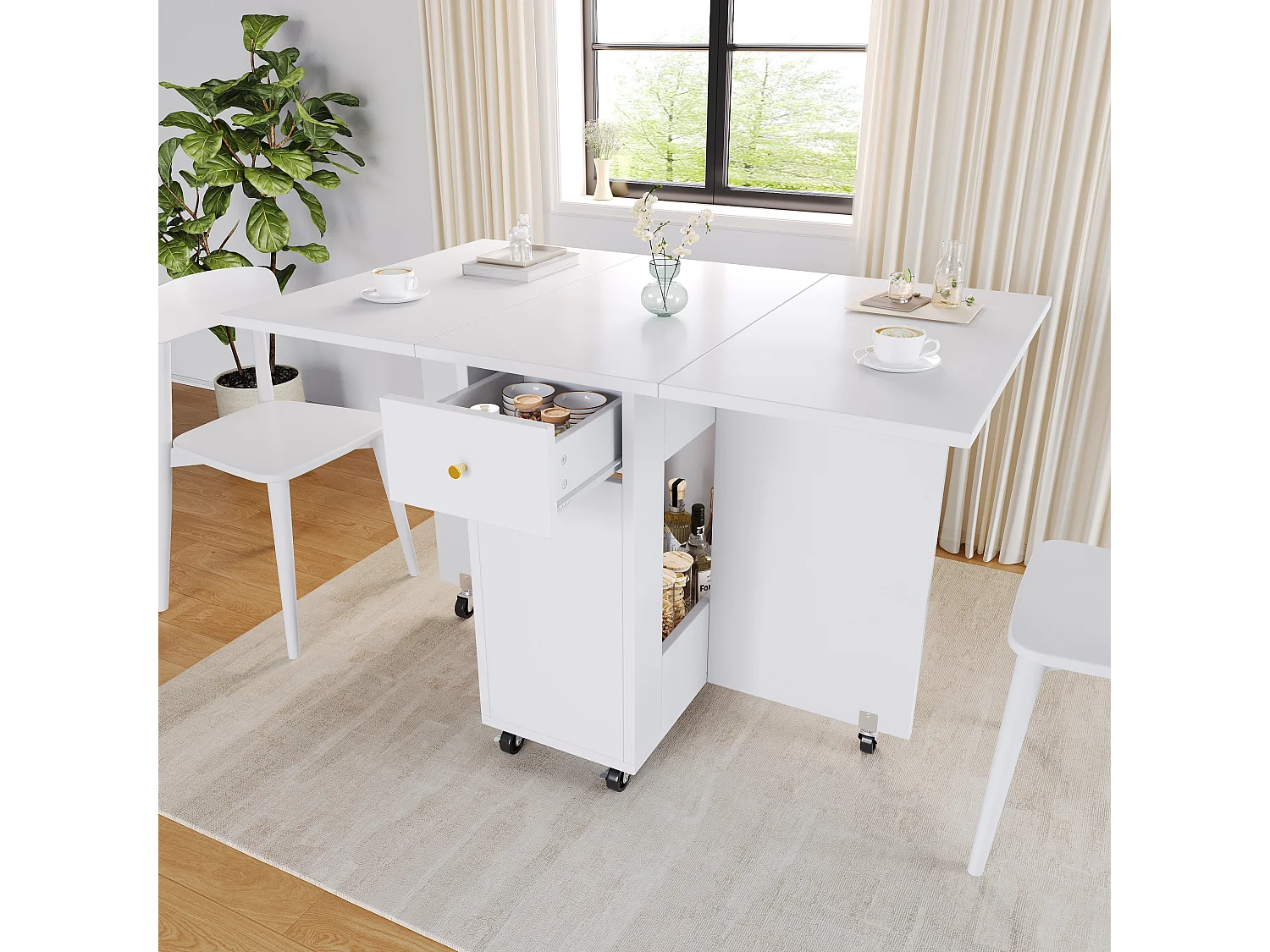 Table de salle à manger pliante à roulettes - 120 x 75 x 75 cm - pour 2 à 4 personnes - avec 2 tiroirs - MDF - blanc