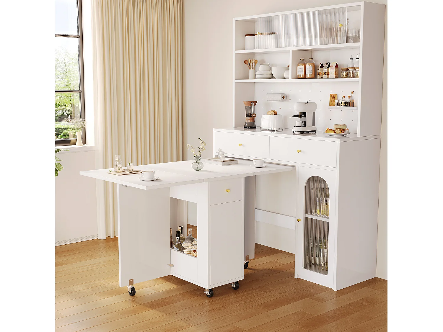 Table de salle à manger pliante à roulettes - 120 x 75 x 75 cm - pour 2 à 4 personnes - avec 2 tiroirs - MDF - blanc