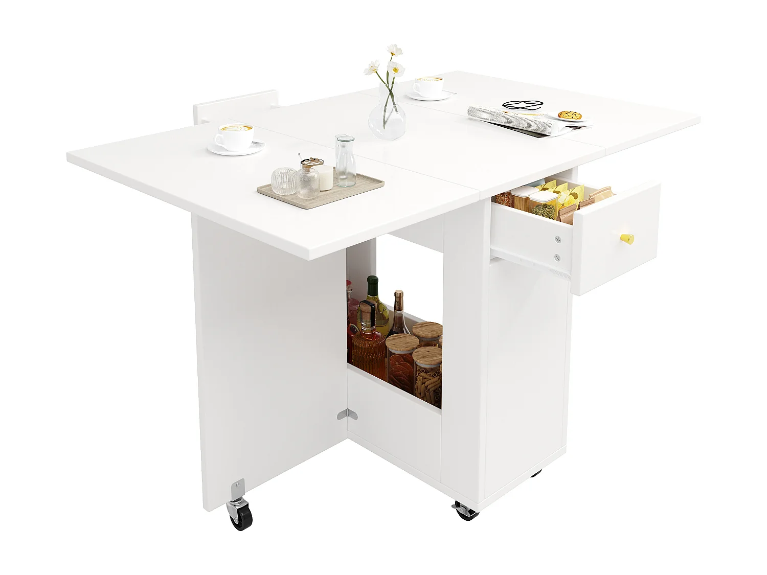 Table de salle à manger pliante à roulettes - 120 x 75 x 75 cm - pour 2 à 4 personnes - avec 2 tiroirs - MDF - blanc