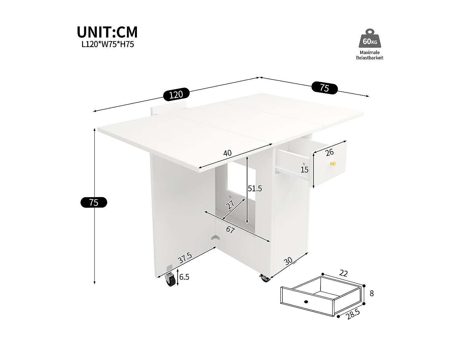Table de salle à manger pliante à roulettes - 120 x 75 x 75 cm - pour 2 à 4 personnes - avec 2 tiroirs - MDF - blanc