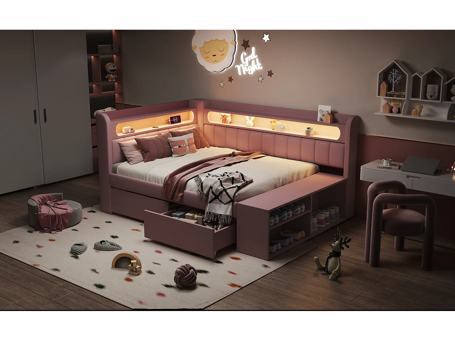Lit banquette coffre enfant - 90 x 200 cm - avec USB + Leds + étagère + meuble à chaussures + 2 tiroirs - MDF - rose