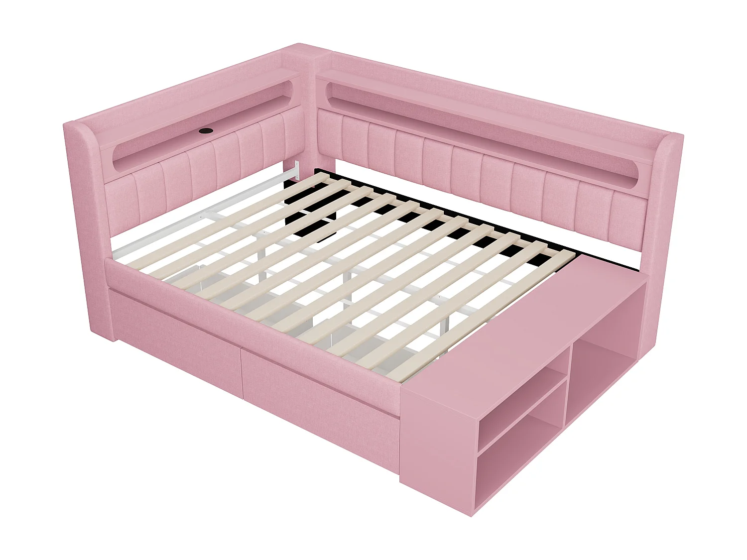 Lit banquette coffre enfant - 90 x 200 cm - avec USB + Leds + étagère + meuble à chaussures + 2 tiroirs - MDF - rose