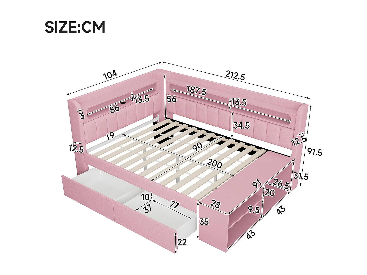 Lit banquette coffre enfant - 90 x 200 cm - avec USB + Leds + étagère + meuble à chaussures + 2 tiroirs - MDF - rose