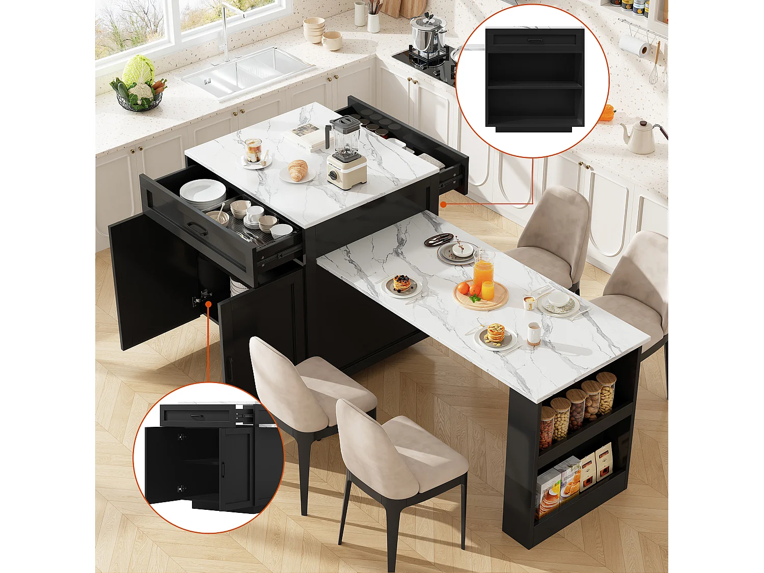 Ausziehbarer Bartisch mit Stauraum – 133–202 x 70 x 93,5 cm – mit 2 Schubladen und 2 Fächern – MDF – schwarz