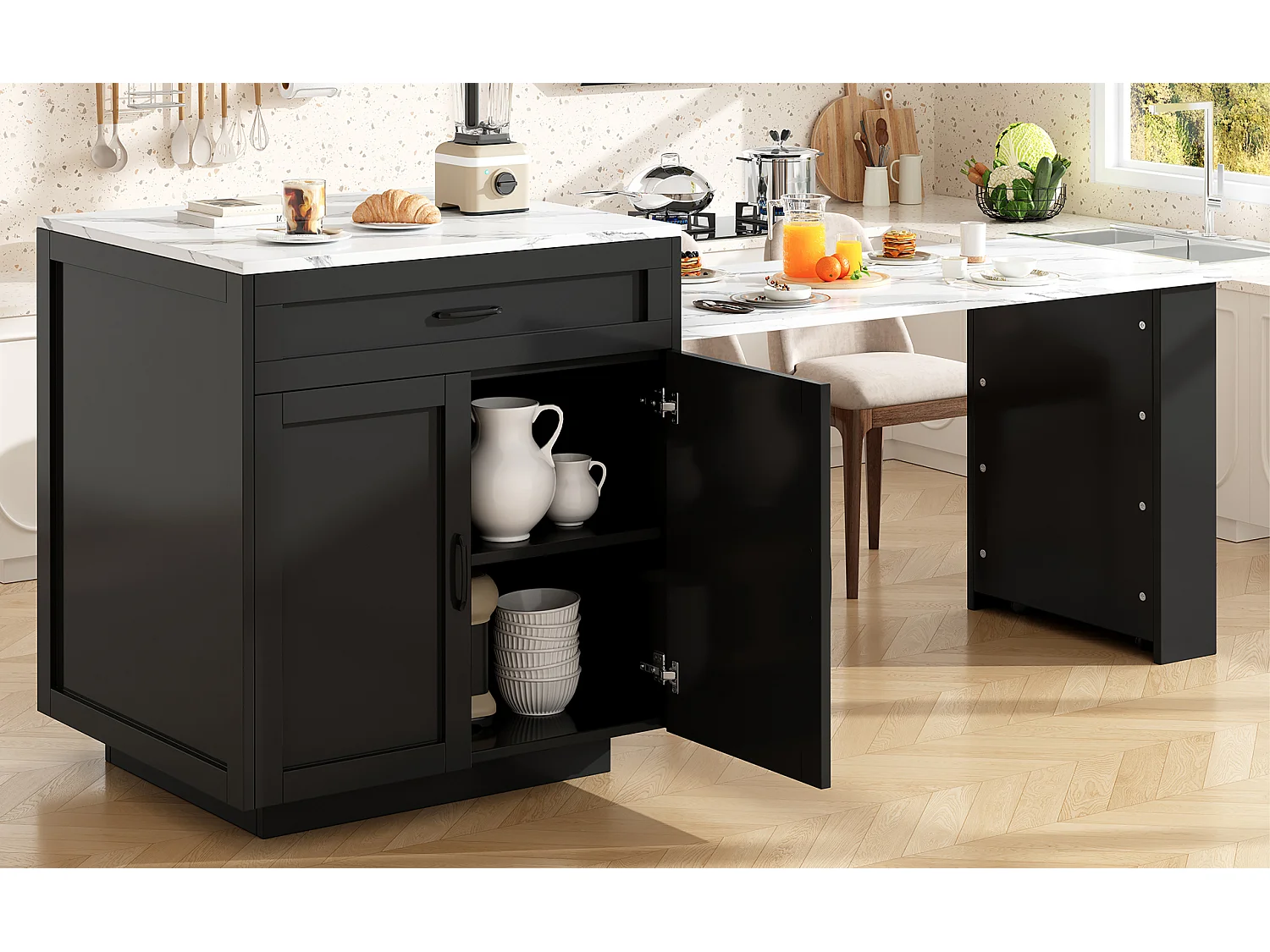 Ausziehbarer Bartisch mit Stauraum – 133–202 x 70 x 93,5 cm – mit 2 Schubladen und 2 Fächern – MDF – schwarz