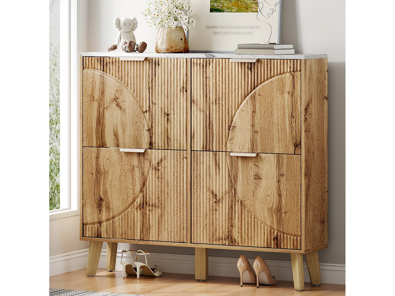 Schuhschrank in Holzoptik – 105 x 24 x 95,5 cm – mit 4 Türen – Arbeitsplatte in Marmoroptik – MDF – natur