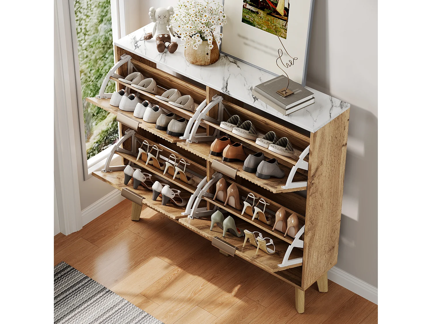 Schuhschrank in Holzoptik – 105 x 24 x 95,5 cm – mit 4 Türen – Arbeitsplatte in Marmoroptik – MDF – natur