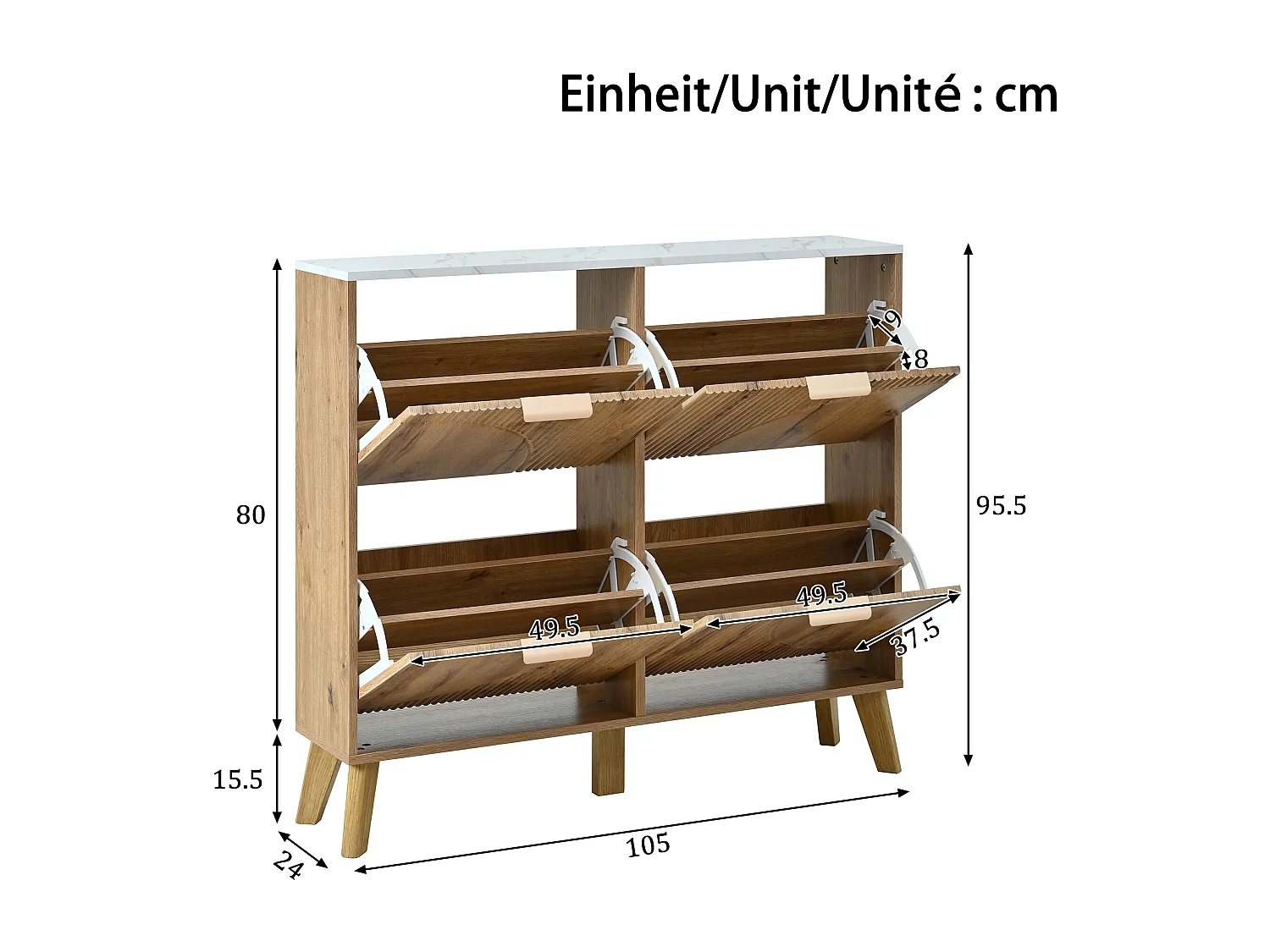 Schuhschrank in Holzoptik – 105 x 24 x 95,5 cm – mit 4 Türen – Arbeitsplatte in Marmoroptik – MDF – natur