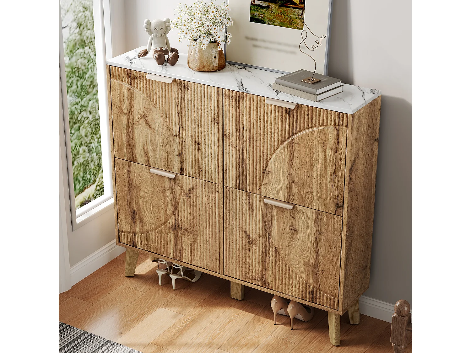 Schuhschrank in Holzoptik – 105 x 24 x 95,5 cm – mit 4 Türen – Arbeitsplatte in Marmoroptik – MDF – natur