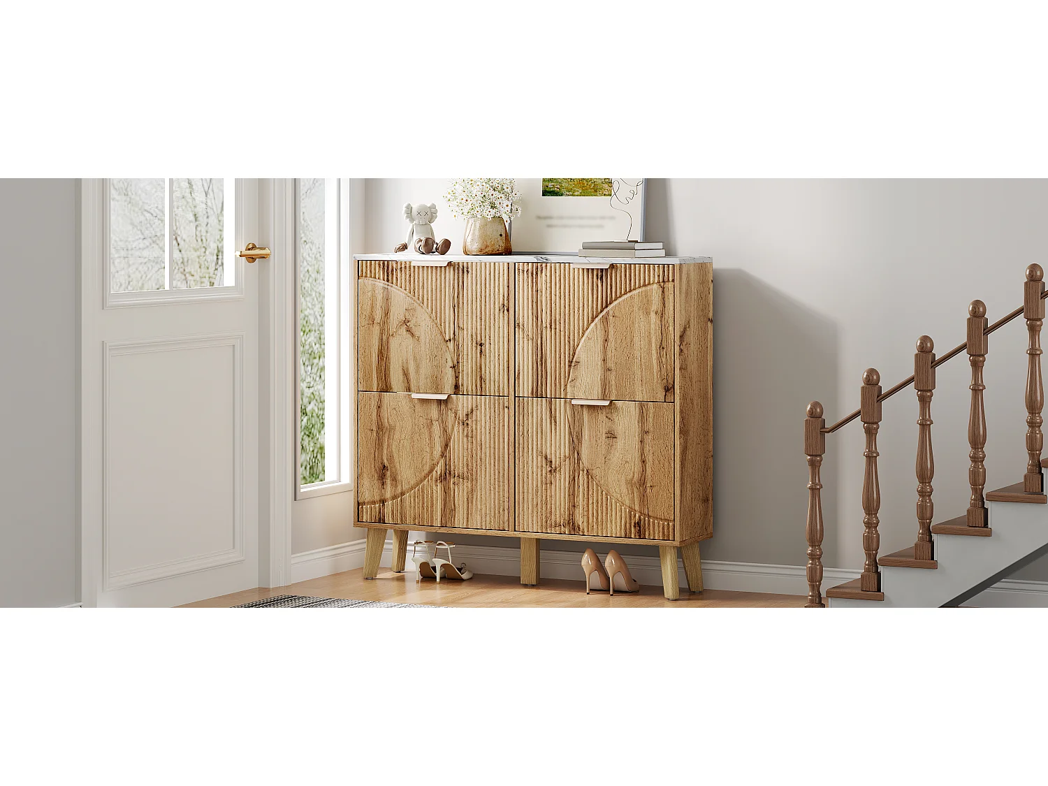 Schuhschrank in Holzoptik – 105 x 24 x 95,5 cm – mit 4 Türen – Arbeitsplatte in Marmoroptik – MDF – natur